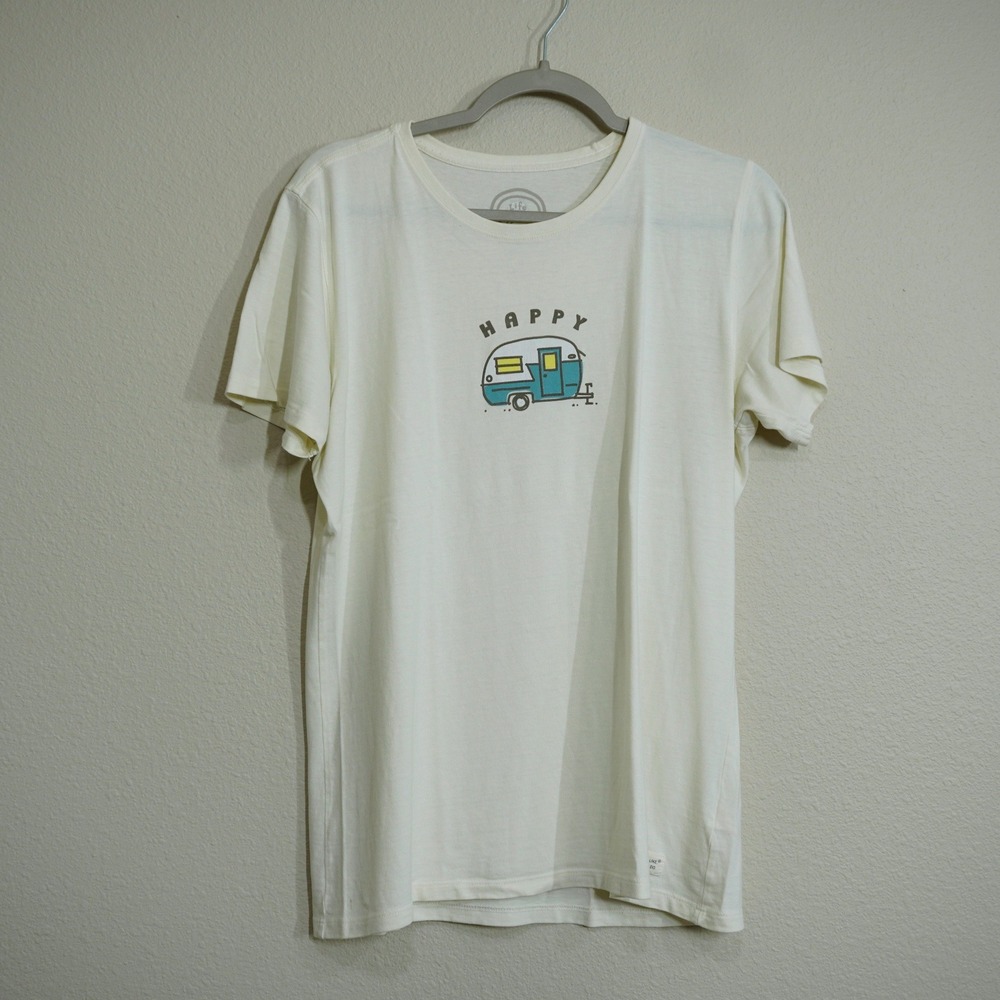 Life is Good Women's Large Happy Camper Graphic T-Shirt Cream Cotton Outdoors